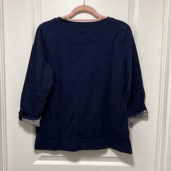 Navy Blue Women's Top with Striped Cuffs - Picture 3 of 5